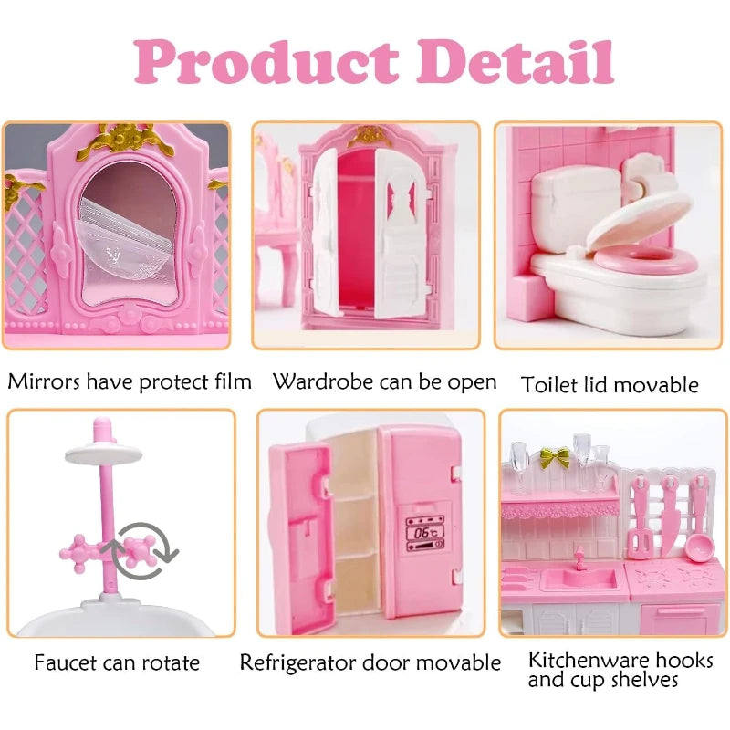 A pink dollhouse furniture set featuring mirrors, a wardrobe, a toilet lid, a faucet, a refrigerator door, and kitchenware ho