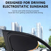 A black electrostatic sunshade designed for car windows, shown in a vehicle interior context.