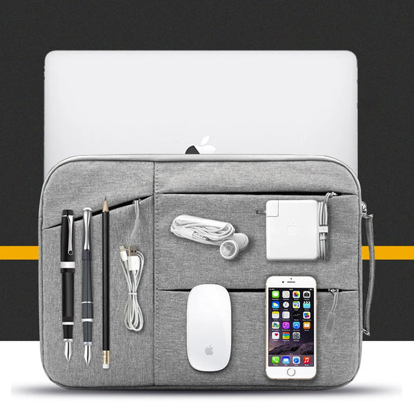 A gray laptop sleeve organizer featuring a zipper closure and multiple slots for pens, cables, and a smartphone.