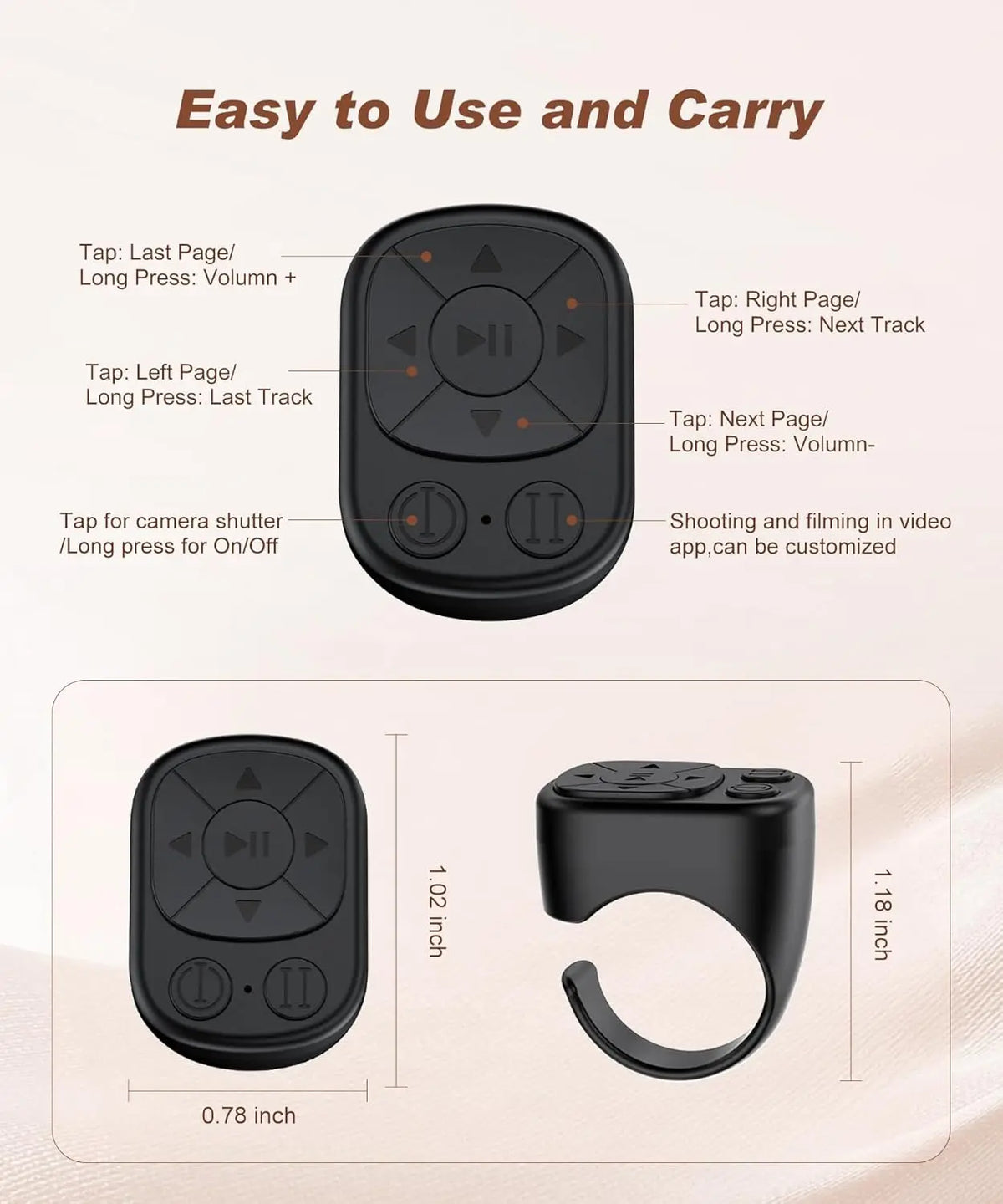 A black Bluetooth page-turning ring for smartphones shown with various function labels and dimensions.