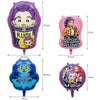 A set of purple and pink balloons featuring characters from the K-Pop group RUMI and Demon Hunters