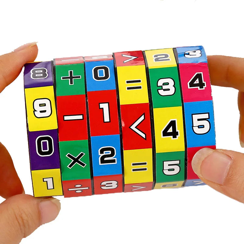 A set of colorful Montessori math cubes displaying numbers and basic arithmetic operations like addition, subtraction, multip