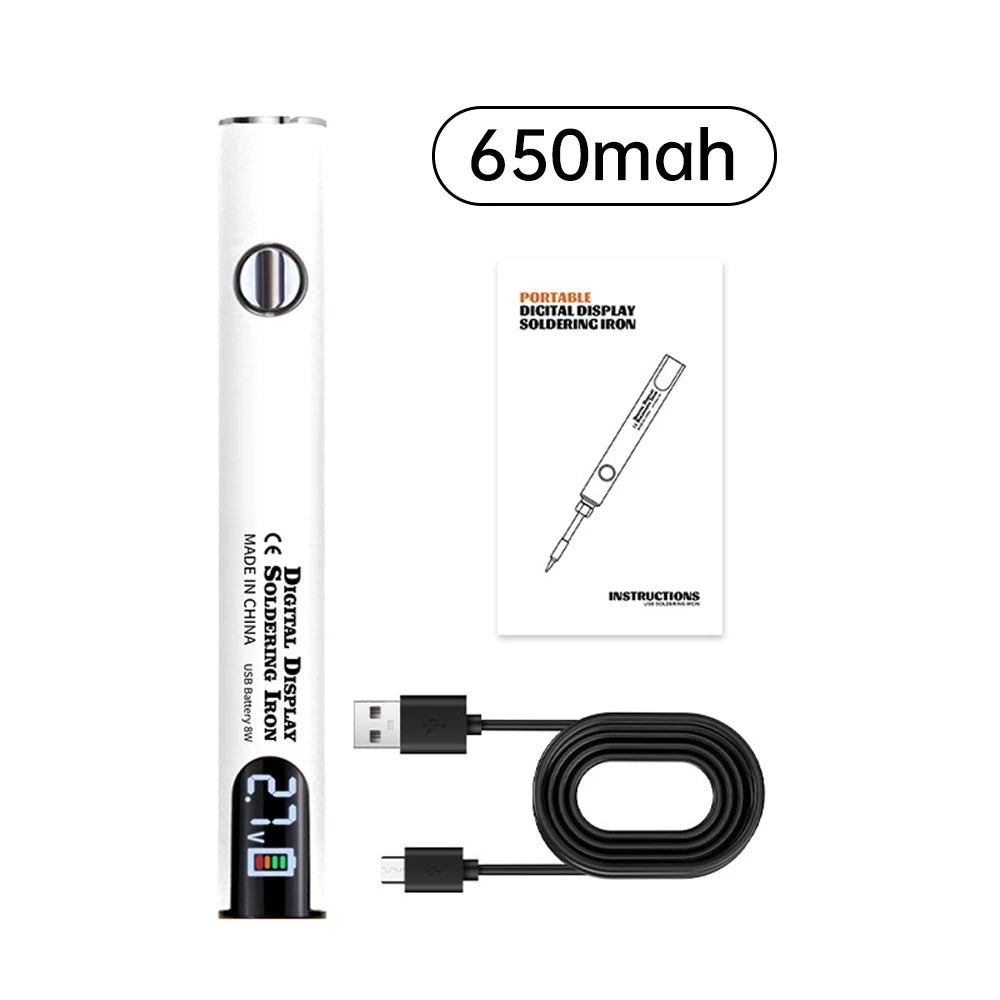 A white portable digital soldering iron pen with a black cord and charging components.