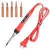 An 80W adjustable temperature soldering iron with an LCD display and a coiled red cable, shown alongside various tips.