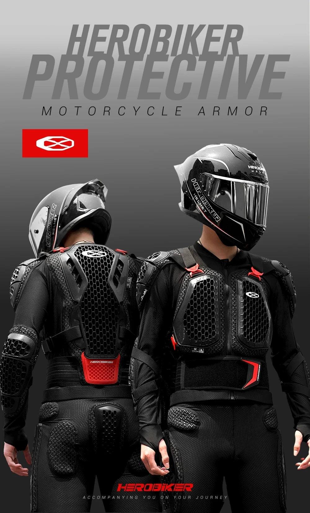 A person wearing a black HeroBiker protective motorcycle armor jacket with chest and back protection.