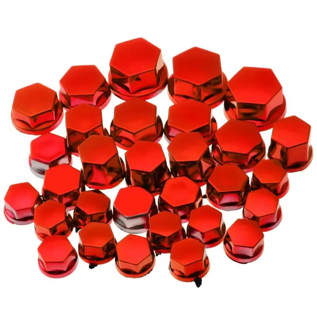A set of 30 decorative motorcycle screw cap covers in a glossy red finish.