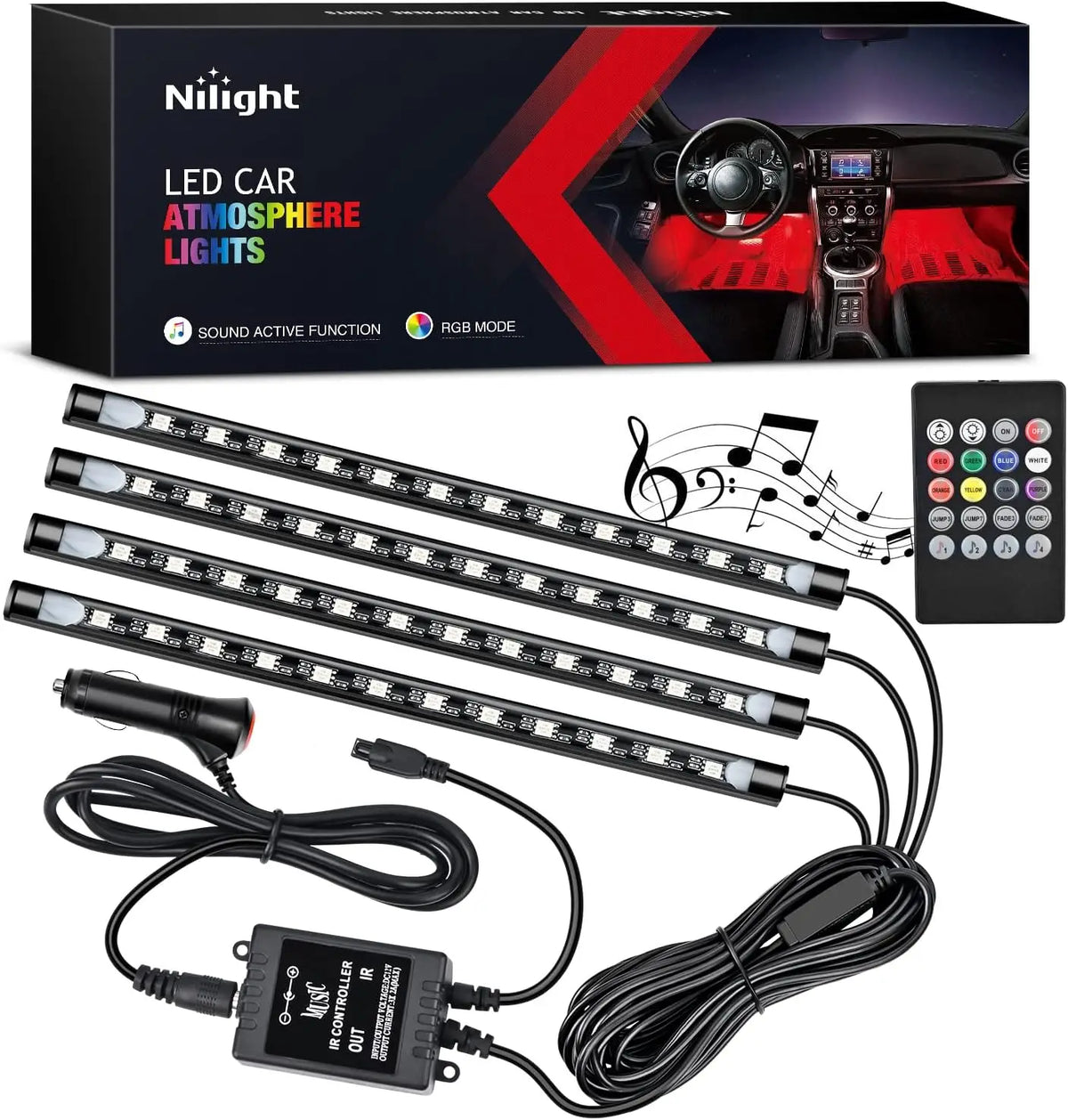A kit of 48 LED multicolor music car interior lights with a remote controller and power supply.