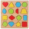 Wooden puzzle board featuring various geometric shapes like triangles, hexagons, circles, and squares in red, yellow, green, 