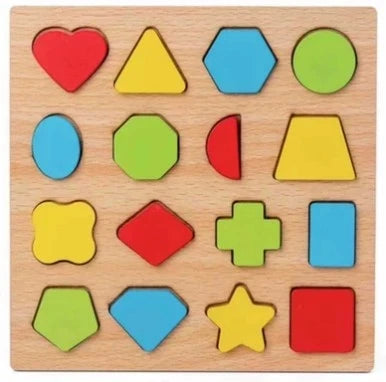 Wooden puzzle board featuring various geometric shapes like triangles, hexagons, circles, and squares in red, yellow, green, 