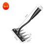 A black garden hand rake with a long, flexible handle and a flat head, shown with dimensions.