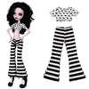 A fashion doll wearing a black and white striped outfit consisting of a short-sleeved top and pants.
