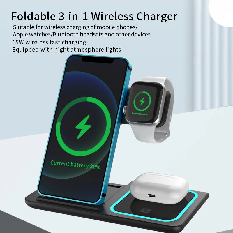 A foldable 3-in-1 wireless charger is shown charging a smartphone, an Apple Watch, and earbuds on a black base.