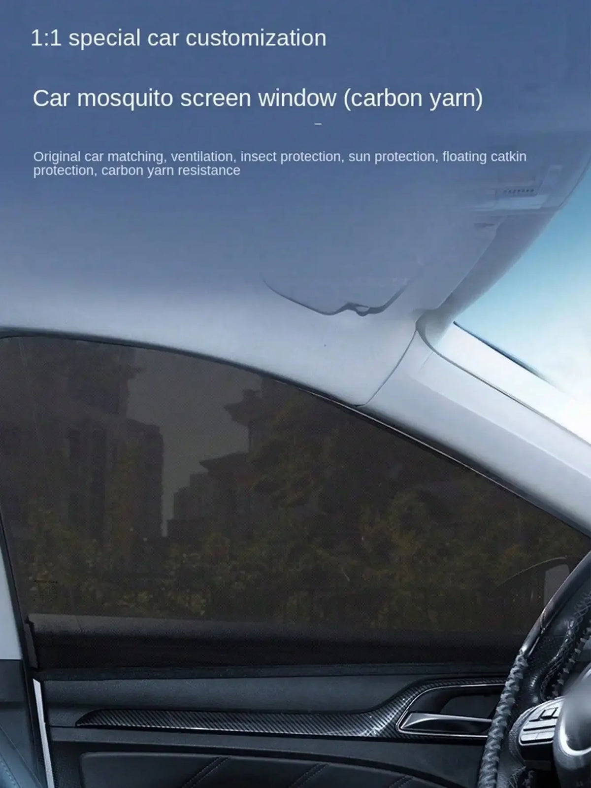 A close-up view of a car window with a custom carbon yarn mosquito screen installed.