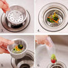 A series of six steps showing how to use disposable mesh sink strainer bags for draining liquids.