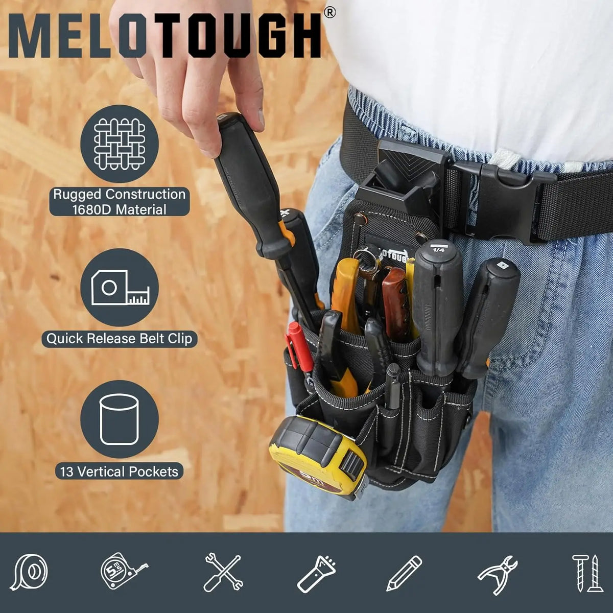 A hand holds a black heavy-duty tool pouch with a quick release belt clip, showing its rugged construction and vertical pocke