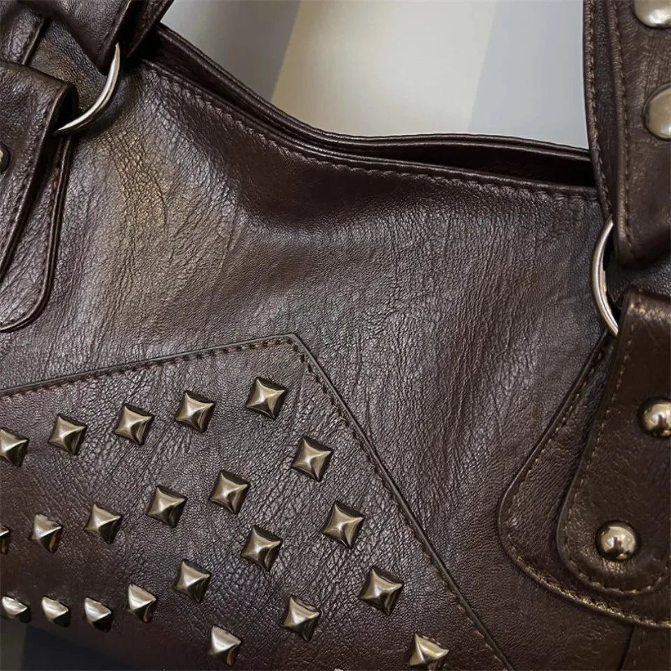 Rivet Punk Large Capacity Tote Bag with Adjustable Crossbody Strap