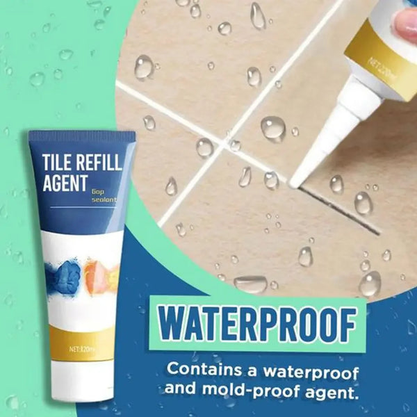 Tube of waterproof tile grout repair sealant next to a piece of cardboard with water droplets.