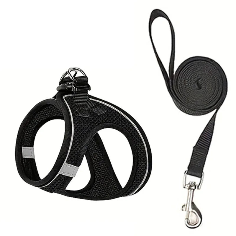 Black escape-proof reflective cat harness and leash set with a padded collar and strap.