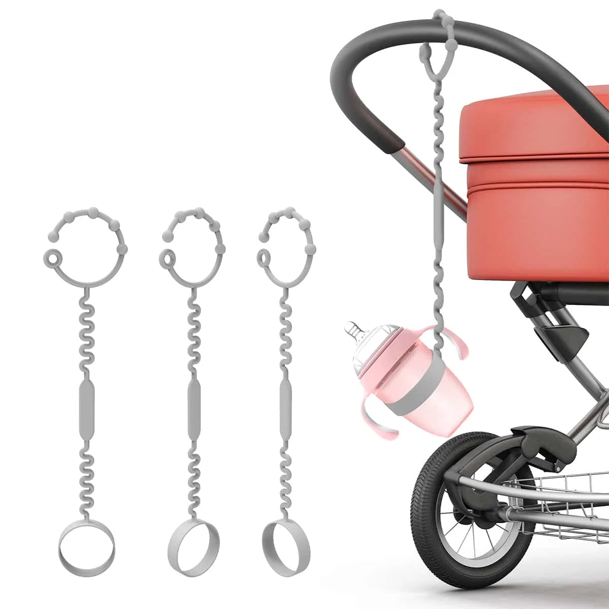 Adjustable silicone pacifier chain with a handle and bottle attachment for baby teethers