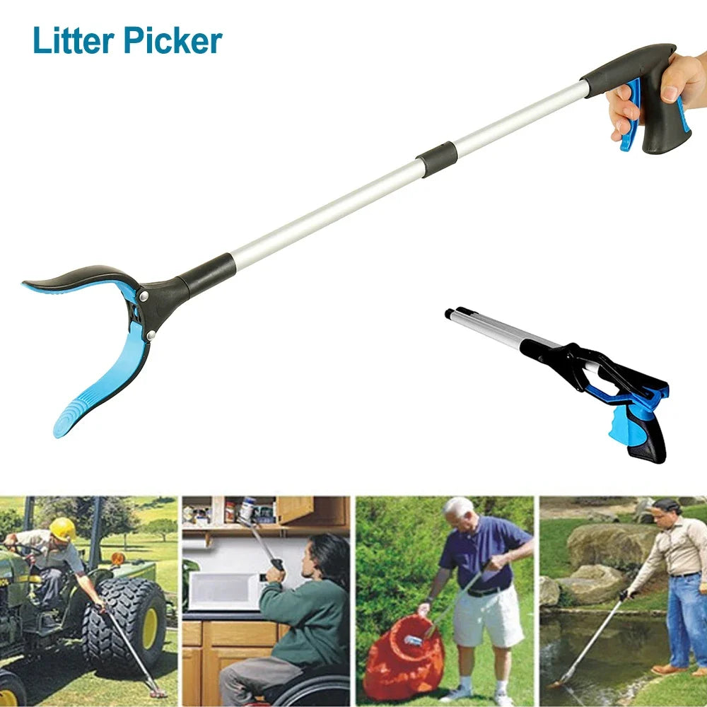 A litter picker tool with a long handle and a rotating grip is shown next to a pair of pliers.
