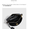 A black leather tote bag with gold-toned metal hardware shown from above.