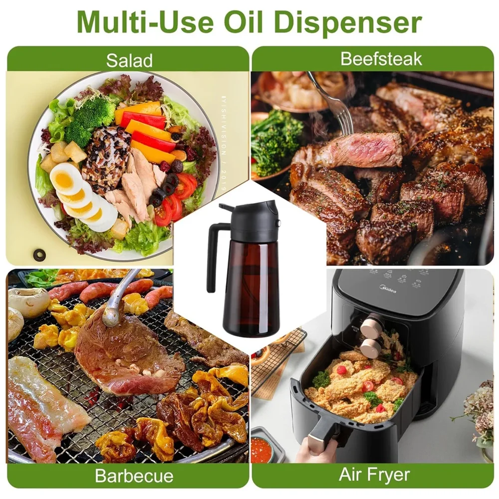 Multi-use oil dispenser shown for salad, beefsteak, and barbecue cooking applications.