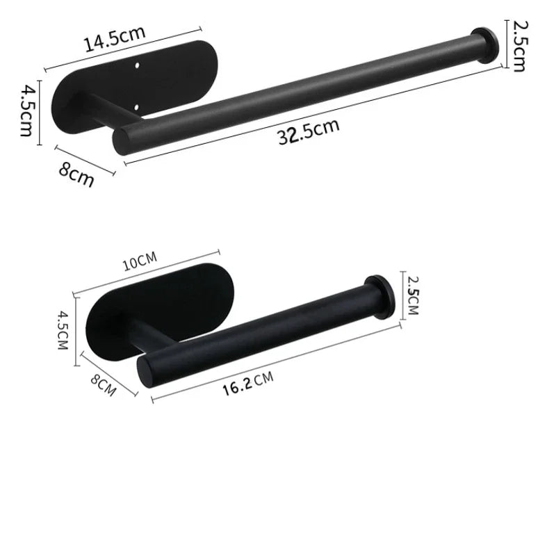 A set of black stainless steel wall-mounted paper towel holders shown in two different configurations.