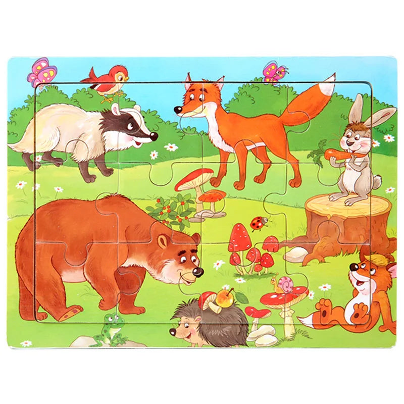 A wooden jigsaw puzzle featuring various woodland animals like a fox, bear, rabbit, and squirrel in a green field.