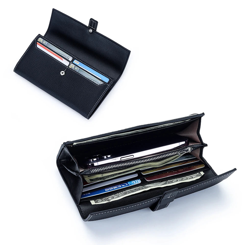 A black women's cowhide leather bifold wallet shown open, displaying various cards and cash.