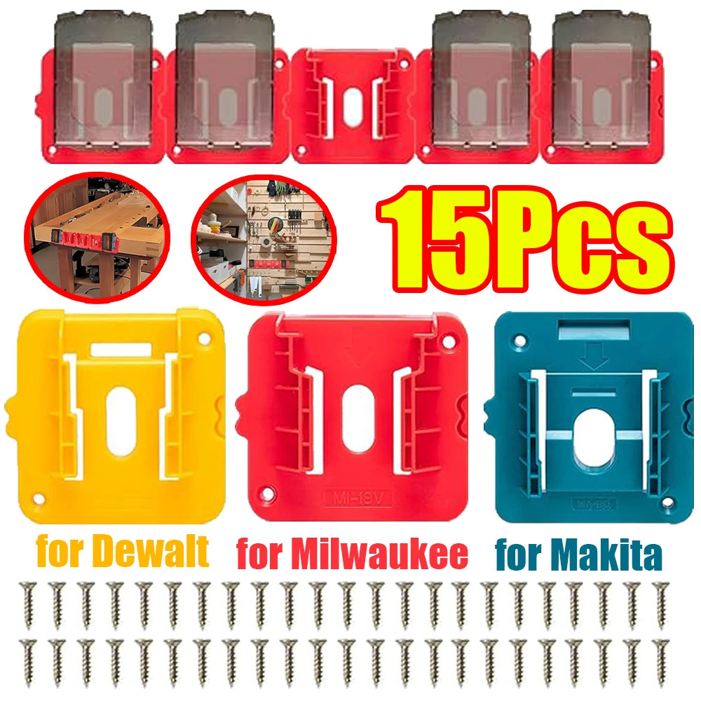 A set of 15 universal wall-mount battery holders in yellow, red, and blue for Dewalt, Milwaukee, and Makita power tools.