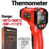 Red ANENG TH203 infrared thermometer device and box showing the product details.