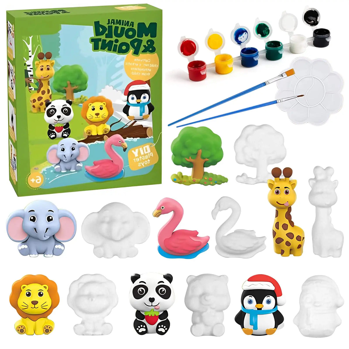 Une boîte de kit de peinture pour enfants sur thème spatial et dinosaure avec diverses figurines en plastique et pots de pein