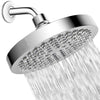 A chrome rainfall shower head with multiple nozzles is shown spraying water.