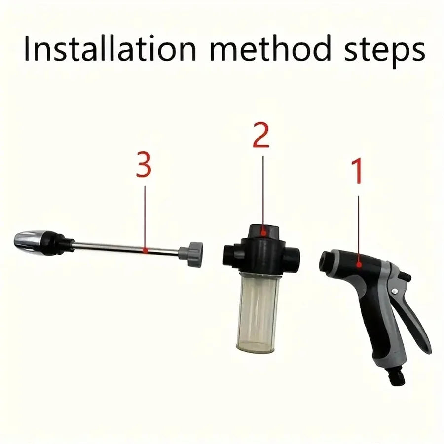 Installation method steps showing the components for an adjustable high-pressure water gun.