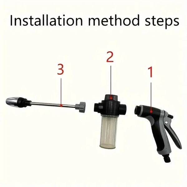 Installation method steps showing the components for an adjustable high-pressure water gun.