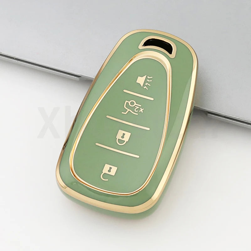 A light green durable TPU key fob cover with various cutouts for Chevrolet models.