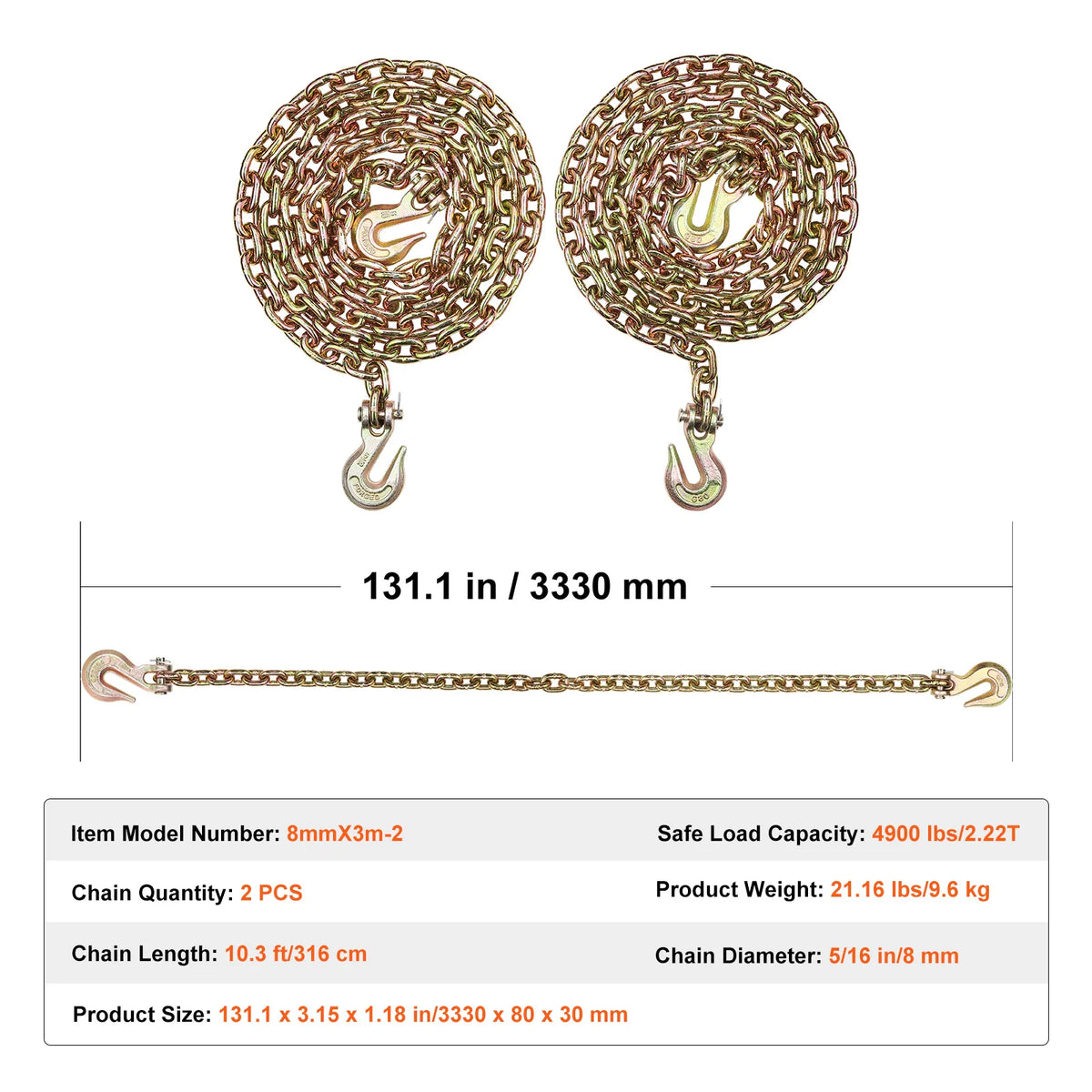 A pair of heavy-duty transport binder chains with clevis hooks, showing the coiled chain and the straight length.