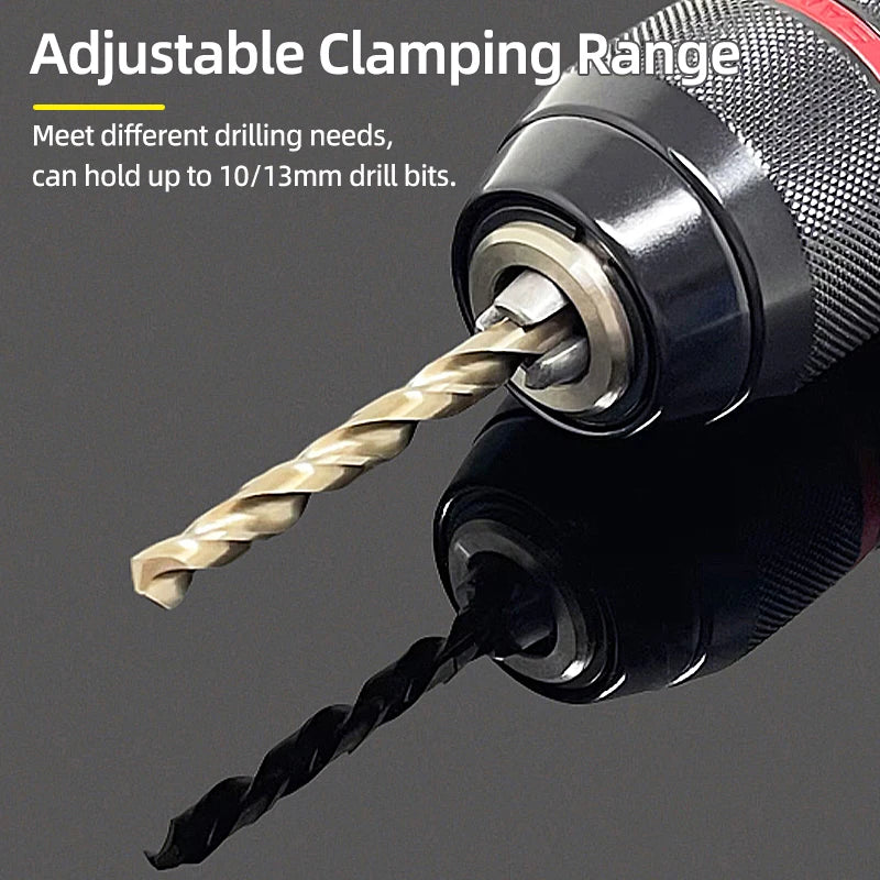 Close-up of an adjustable clamping range drill chuck holding a drill bit.