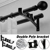A set of two black double pole brackets for curtain rods, shown with various views and components.