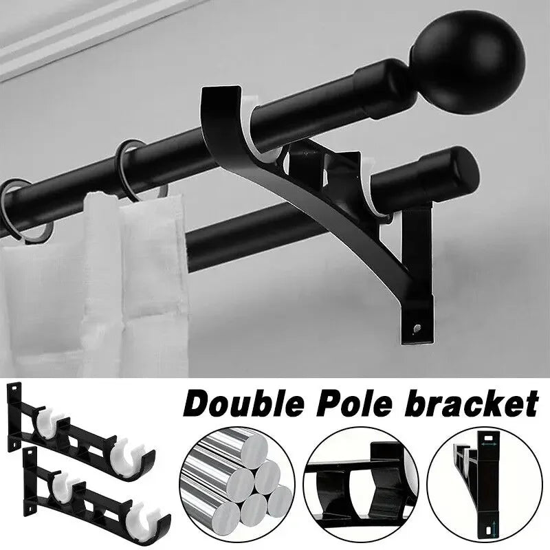 A set of two black double pole brackets for curtain rods, shown with various views and components.
