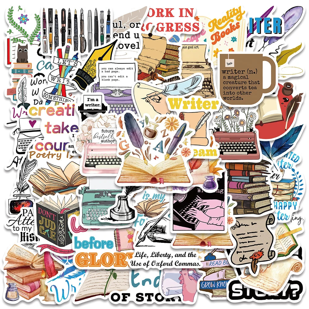 A collection of stickers featuring writing, literature, and book-related themes for Dark Romance Booktok.