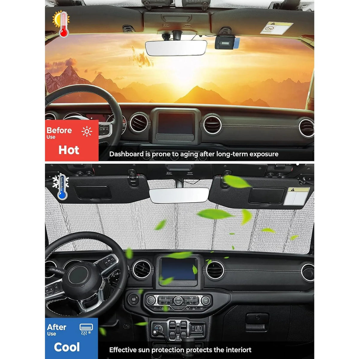 Before and after comparison of a custom-fit windshield sunshade protecting a vehicle's interior.