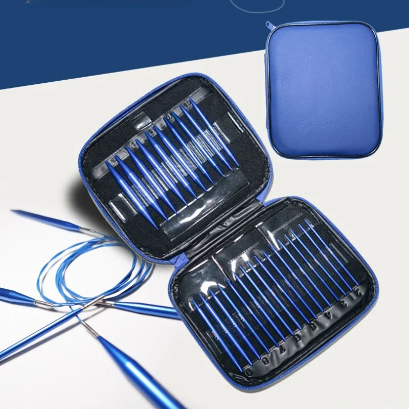 A black and blue interchangeable circular knitting needle set with a storage case is displayed on a white background.