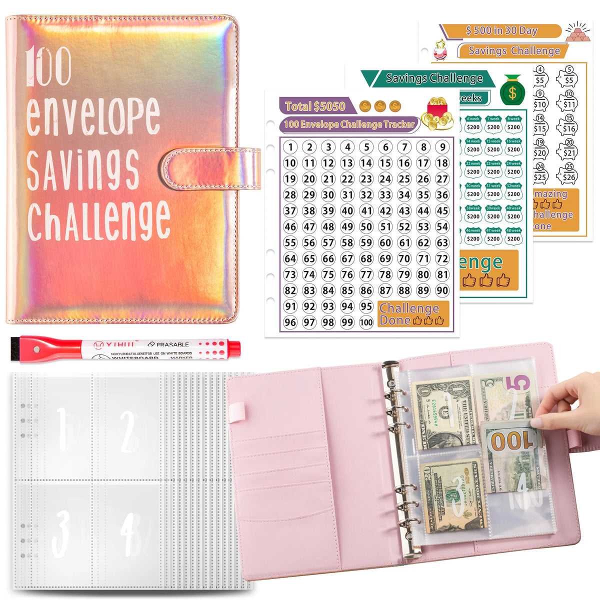 A pink A5 budget binder with cash envelopes and a savings challenge tracker sheet.