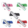 A 32-key melodica instrument with a pink case and green case, shown in various colors.