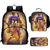 A black backpack set featuring a basketball theme with a printed design of a basketball player in a purple jersey.