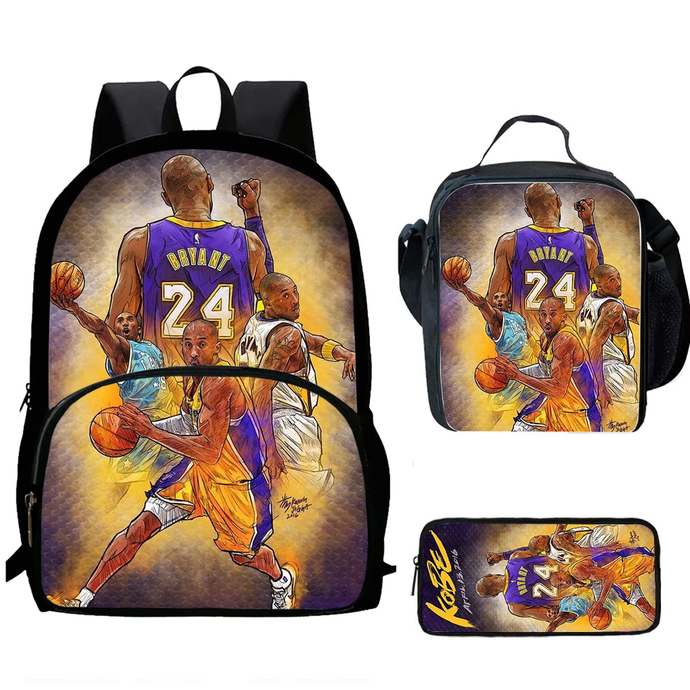 A black backpack set featuring a basketball theme with a printed design of a basketball player in a purple jersey.