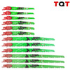 A set of ten green reciprocating saw blades with black and yellow markings for wood and PVC cutting.