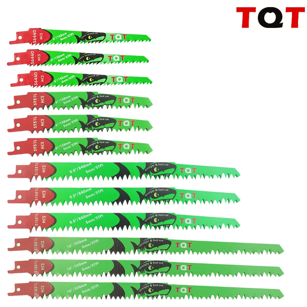 A set of ten green reciprocating saw blades with black and yellow markings for wood and PVC cutting.