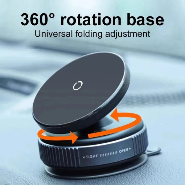 A black magnetic vacuum car phone mount with a 360 degree rotation base and folding adjustment mechanism.
